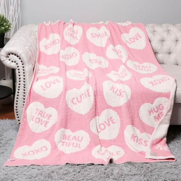 White Pink Heart Patterned Blanket Design Reversible Throw Love Notes - Picture 5 of 5